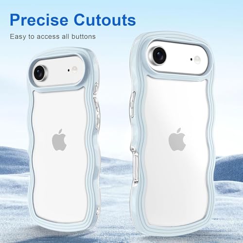 Image of GoldKart iPhone 17 Air Case Wavy Edge Clear Back Design, Anti-Slip Grip Cute Wave Curly Frame Shape Shockproof Soft TPU & Hard PC Bumper Protective Phone Case Cover for Women Girls - Light Blue