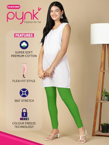 Image of Lux Cozi PYNK Solid Premium Cotton Lycra Churidar Leggings for Women | Regular Fit Elastic Waist Full Length Women Leggings | Free Size