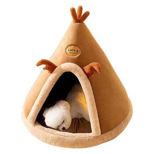 冬のエルク・パット・ペット・ハウス - 耐久性のある折りたたみ式猫と犬のベッド、柔らかいぬいぐるみ洞窟シェルター|かわいいデザイン断熱された屋内ペットテント、小さなペットから中程度のペット用の居心地の良い温かい巣、取り外し可能なクッションベッド