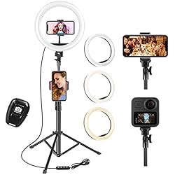 Tripie Para Monitor UPhitnis Aro de Luz con Tripode, 10´´ Ring Light con Control Remoto 3 Modos 10 Brillos Regulables Anillo de Luz para TikTok, Maquillaje, Selfie, Streaming, Youtube, Twich Live