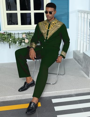 Mens African 2 Piece Set Metallic Traditional Suit Gold Stamp Printed African Dashiki Shirt and Pants Outfit3