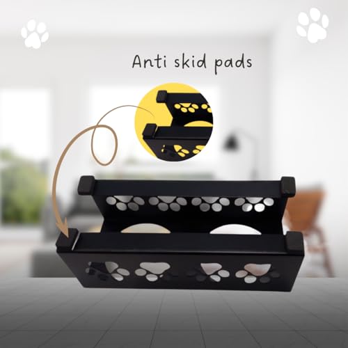 Image of Metal Black Dog Bowl Stand | Large Stainless Steel Bowls for Raised Dogs & Cats | Elevated Dog Food Removable Bowls | Pet Feeder & Water Dispenser for All Breeds | Paw Design (Set of 2, Each 900 ml)