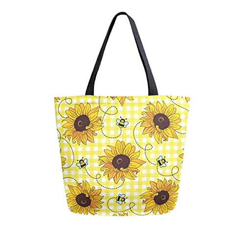 ALAZA Bees Sunflowers Yellow Buffalo Plaid Canvas Tote Bag Large Women Casual Shoulder Bag Handbag,Shopping Grocery Cotton Bag Reusable,Multipurpose,Heavy Duty for Outdoors School Weekender Travel