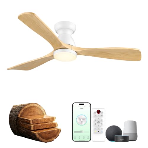 52 inch Smart Flush Mount Ceiling Fan with Lights,Outdoor Low Profile Wood Ceiling Fan with lights Works with App&Alexa/Gg Voice Control&Remote,Quiet DC Motor for Covered Patio Porch,Nature Wood
