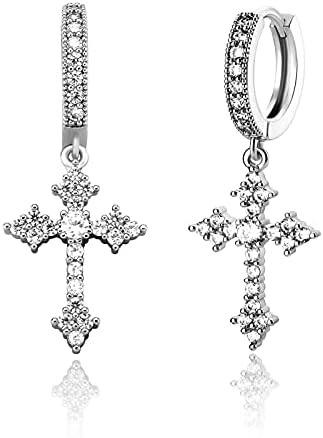 JINAO 14K Gold Plated iced out cross earring Hoop Earrings Classical Cross earrings for Men Women Pave CZ Cross Earrings for Women Men gifts (Silver)