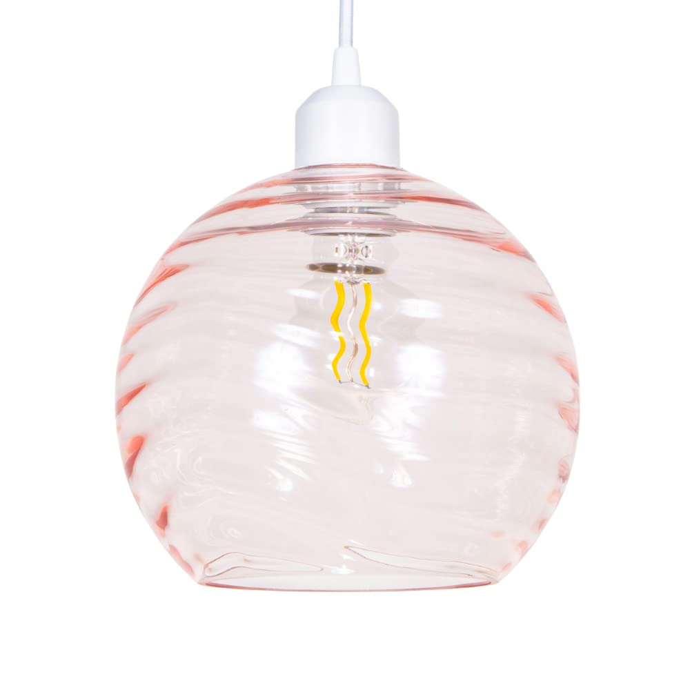 Happy Homewares Pink Circular Ribbed Glass Pendant Lamp Shade - Easy Fit - H18 x W20cm