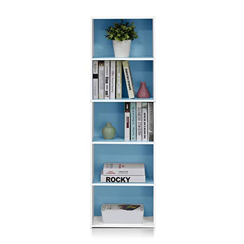 Image of Furinno LUDER Book Shelf, 5-Tier Bookshelf, Bookcase with Open Shelves, 9.4 x 15.8 x 52, Easy Assembly, for Living Room, Bedroom, Home Office, White /Light Blue