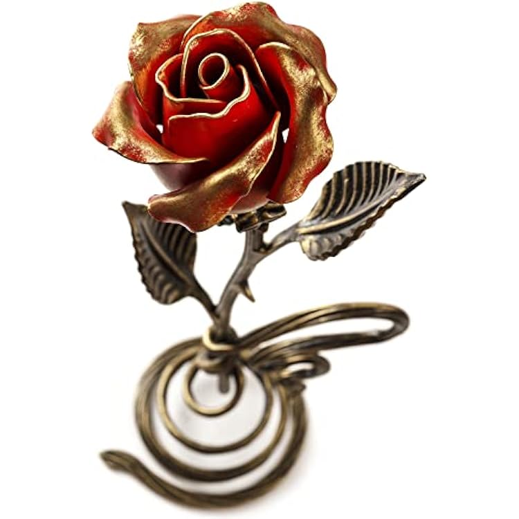 Red Iron Rose with Metal Stand - 6th Aniiversary Flower for Her - Hand Forged Long-Lasting Home Decor Figurine