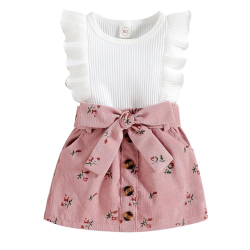 LUVCES Conjunto de Verano para Niña Pequeña Blusa Top Mangas con Volantes y Minifalda con Lazo y Botones Conjunto de 2 Piezas Ropa Estampado floral rosa 4 5 Años