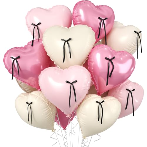Image of Pink Heart Balloons, 10 Pcs Pastel Pink Cream Heart Shaped Balloon with Black Bow Ribbon, 18 Inch Pink Sand White Foil Balloons for Girls Women Brithday Baby Shower Wedding Valentines Party Decoration