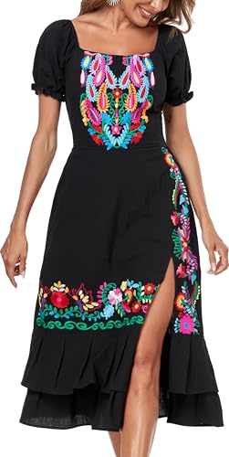YZXDORWJ Women's Mexican Dress Boho Embroidered Sexy Ruffle Maxi Dress Short Sleeve Summer Beach Swing Wedding Party Dresses2