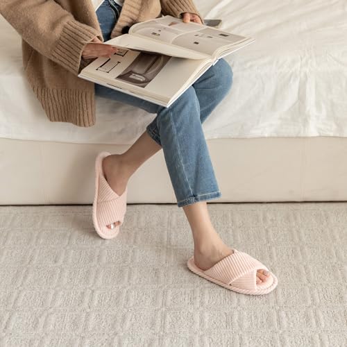 Image of GOEWY Slippers for Women Memory Foam House Bedroom Corduroy Crossbands Open Toe Slides Sandals Shoes Comfy Trendy Gift for womens Anti-Skid sole