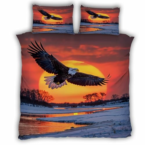 Housse de couette 200 x 200 aigle 3D avec 2 taies d'oreiller lit double microfibre