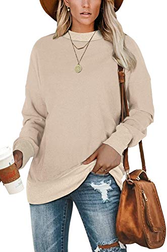Hount Casual Sweatshirts Long Sleeve Tunic Tops for Leggings Solid Color Crewneck Workout Pullovers Large Khaki