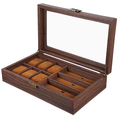BESPORTBLE Caja Organizadora de Exhibición para Relojes y Gafas de Madera Retro 6 Ranuras para Relojes y 3 Espacios para Gafas, Adecuado para Almacenamiento y Presentación