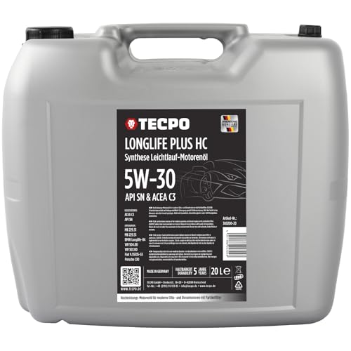 TECPO Motoröl 20 Liter 5W-30 LONGLIFE Plus HC Synthese passend für ACEA C3 / API SN / 504/507 / 229.31/229.51 / LL-04 / C30
