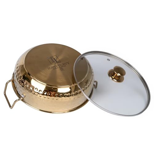 Image of Zaib TOPSYTUVRY Stainless Steel Hammered Gold PVD Coated Kadhai with Glass Lid 24 CM | Heavy Gauge Kadai for Cooking, Frying & Deep Frying