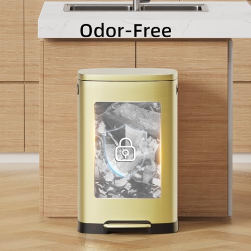 Image of KUK 13 Gallon Kitchen Trash Can with Lid, 50L /13Gal Office Step Garbage Can for Home, Kitchen, Laundry Room, Office, Gold
