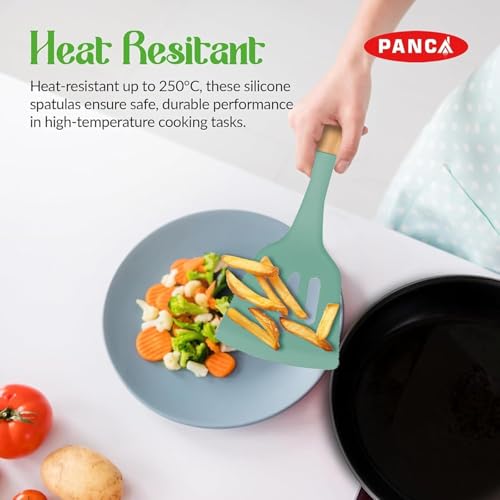 Image of PANCA Silicone Non Stick Spatula Set of 3,Non Stick Serving Spoon | Silicone Spatula Set for Cooking and Serving | Kitchen Tool (Green,Set of 3 Piece)