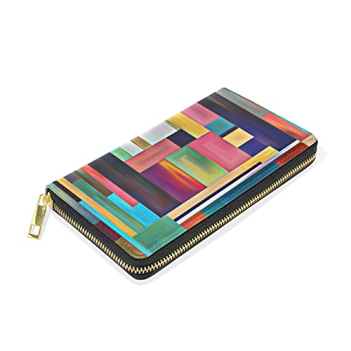 Colorful Checker Plaid Multicolored Stripes Abstract Wood Style Paint Leather Long Wallet Organizer with Zipper Purse Clutch Bag for Women Men3