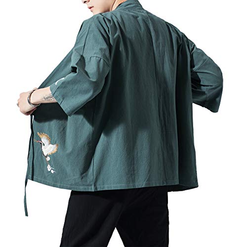 Image of PRIJOUHE Men's Kimono Jackets Cardigan Lightweight Casual Cotton Blends Linen Seven Sleeves Open Front Coat Outwear