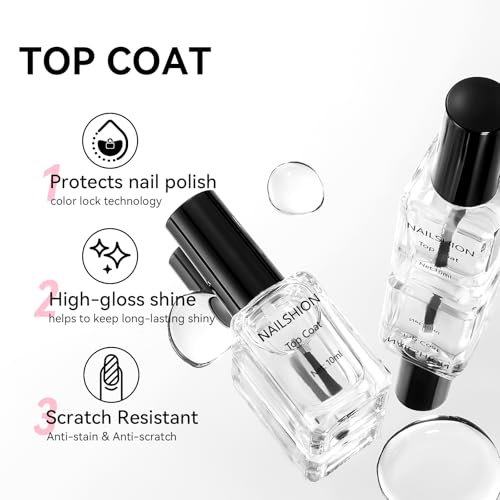 Nailshion 2Pcs Glossy Top Coat Clear Nail Polish, Quick Air Dry Regular Nail Polishes, High Shine Finish Long-Lasting Color Protection No Chip Vegan Hema-free Non-gel Salon Nail Art Gift for Women