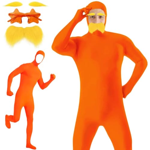 Orange Jumpsuit Costume Halloween Costumes 3 PCS Orange Costume with 1 Orange Body Suit 1 Yellow Mustache & Eyebrows 1 Star Glasses for Attending Halloweens & Parties Use by Those Aged 15+ (150)