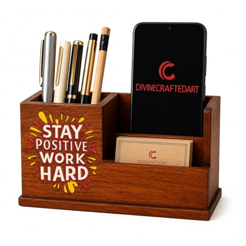 Image of Handcrafted Wooden Pen Holder & Mobile Stand | Premium Desk Organizer for Office, Home & Study Table | Pen Pencil Stand with Card Holder | 6.75 x 3.75 x 2.5 Inch (Stay Positive Desk)