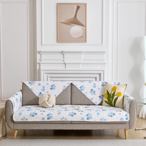 Image of HOMETHREADS Anti-Skid Sofa Protector Mat: Premium Printed Cotton Slipcover with Strong PVC Non-Slip Backing, (White Blue, 2Pc Armrest Mat | 50x75cm)