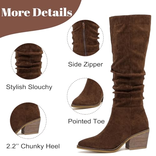 Trending Now! Best Knee High Boots for Wide Calves: 13 Comfortable Options for Women Over 50 6 Ruiee Women's Knee High Boots, Wide Calf Chunky Block Low Heel and Slouchy Pointed Toe Winter Long Boots for Women.240961 Brown MF Size9.5