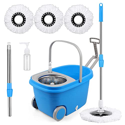 Wischeimer mit Auswringer-Set, verlängerter Edelstahlgriff, 3 Mikrofaser-Ersatz-Moppkopf-Nachfüllungen, 2 Räder für Haushaltsreinigung, Hartholzbodenfliesen, Blau/Grau