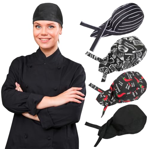 4 Pack Tie Back Chef Hat for Women Men Adjustable Chef Cap Chefs Bandana Skull Cap Breathable Cooking Kitchen Hat