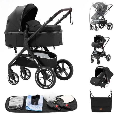 ALYIKOU Carrito Bebe 3 en 1, Carro Bebe 3 Piezas con Empuje Reversible de Dos Vías, Cochecito Bebe 3 Piezas con Estructura de Aleación Aluminio, Coche Bebe 3 en 1 Recién Nacidos,negro
