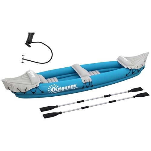 Outsunny K2 Kayak, 2 Person Inflatable Kayak, Includes Paddles, Aluminum Oars, Repair Kit, Portable Tandem Blow Up Boat, Blue