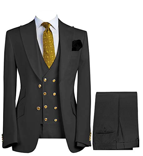 Men's Suits Slim Fit Wedding Groom Tuxedos 3 Pieces with Gold Buttons Formal Suit Peak Lapel