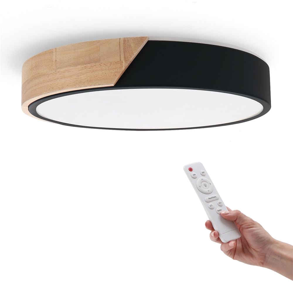 M Ledme - Plafón LED Techo Negro Redondo 24W con Mando a distancia, Regulable 2700K-6500K blanco frío a cálido e intensidad, 2400LM, Diseño Blanco con Madera Natural, para Baño, Cocina, Balcón,LM8283