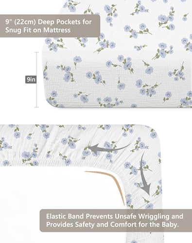 Image of Crib Sheets for Baby Boy Girl 2 Pack, Fitted Crib Mattress Sheet 28 inch x 52 inch, Muslin Toddler Bedding with Neutral Style, Nursery Bedding Essentials (Bluebell Bloom & Light Blue)