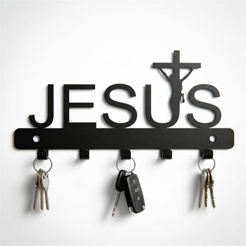 Image of Ventuos Metal Wall Mounted Key Holder with 6 Hooks, Jesus Design, Key Organizer for Home Office Bedroom Entryway