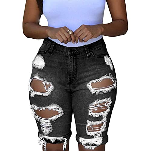 JEKE-DG Womens High Waist Hole Washed Shorts Jeans Stretchy Distressed Denim Short Summer Ripped Hole Casual Short Jeans (XX-Large,Grey)