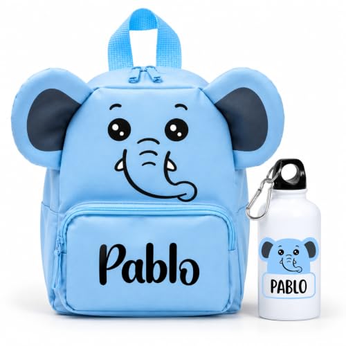 Decorana Mochila Infantil Personalizada con Nombre, Mochila de Guardería o Colegio para Niño y Niña, Diseño de Animales, 1, 2 y 3 años Bolsillo Frontal, Asas Acolchadas y Ajustables (Elefante Azul)