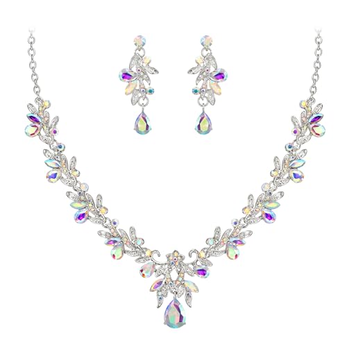Collar con colgante de rhinestone cristal y pendientes largos de hoja