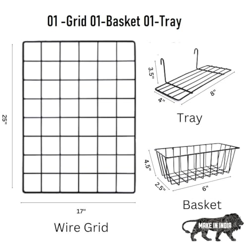 Image of Steel Photo Collage Grid Frame, Basket & Tray| Photo frame grid DIY Mesh Wire Frame (Black, WIRE GRID + BASKET + TRAY)