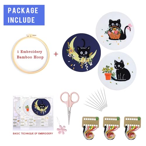 Image of EOBTAIN 3 Pcs Black Cat Embroidery Kit for Beginners, Animal with Floral Embroidery Kits for Adults,Flower Embroidery Starter Kit with Pattern,Hoop,Thread,Needles,Hand DIY Craft Kits for Adults