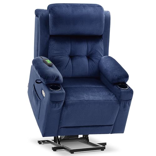 MCombo Triple Motor Power Lift Recliner with Massage and Heat, Electric Recliner Chair for Elderly People, Adjustable Headrest, Infinite Position, Cup Holders,USB Ports, Fabric 7661(Navy Blue, Medium)