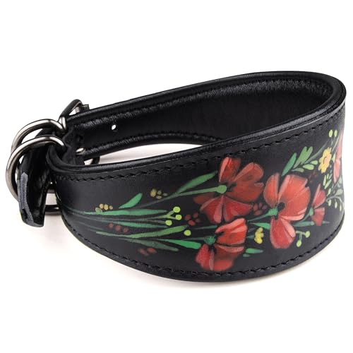 FAVPET Handbemalter Echtleder Windhund Halsband Breit mit QR Code Anhänger, Weiches Lederhalsband Hund Whippet Italienisches Windspiel Saluki Lurcher Spanischer Galgo Podenco (Rote Mohnblumen, XS)