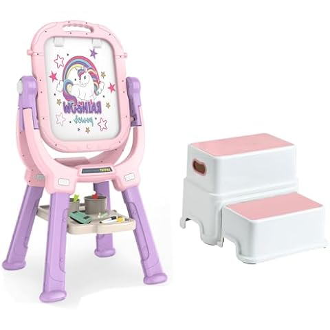Victostar Easel for Kids, Rotatable Double Sided Adjustable Standing Art Easel with 2 Step Stool for Kids Cover