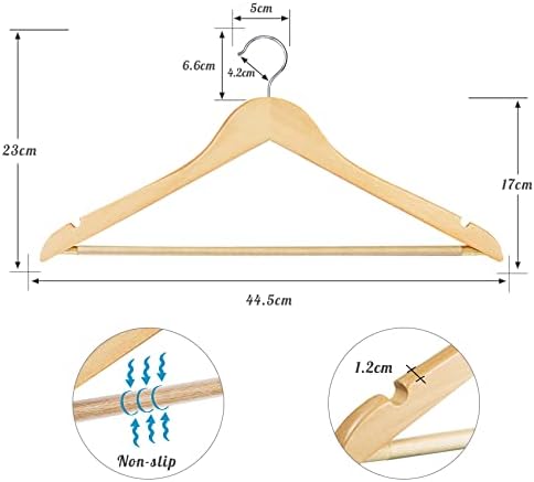 ilauke Pack of 12 Maple Wooden Coat Hangers Clothes Hangers With Trouser Bar and Shoulder Notches 360 Degree Rotating Wood Hanger for Suits, Trousers, Shirts and BlousesWooden