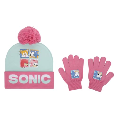 Sonic The Hedgehog Pink and White Youth Cuffed Beanie and Gloves Set
