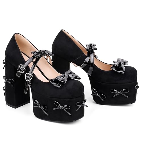 Celbreez Mary Jane Shoes Women Platform Heels High Heels Closed Toe Women's Pumps with Square Toe Bow Buckle High Chunky Block Heel Dressy Wedding Party Shoes 2025 Outfits3