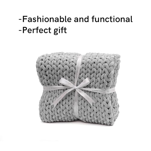 YnM Velvet Weighted Blanket, Handmade Chunky Knitted Design, Soft and Cozy, Temperature Regulating and Breathable, Machine Washable Throw for Sleep or Home Decor (Light Grey, 60x80 Inch, 15lbs)
